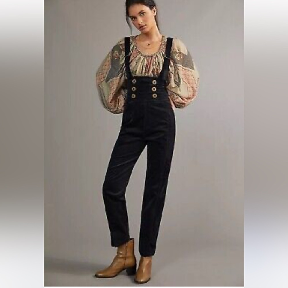 Anthropologie Black Corduroy Pinafore jumpsuit cotton double breasted